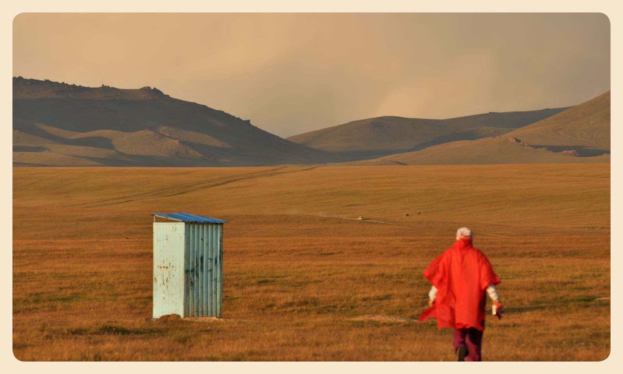 Pages 36-37: Woman in red, on the way to the outhouse