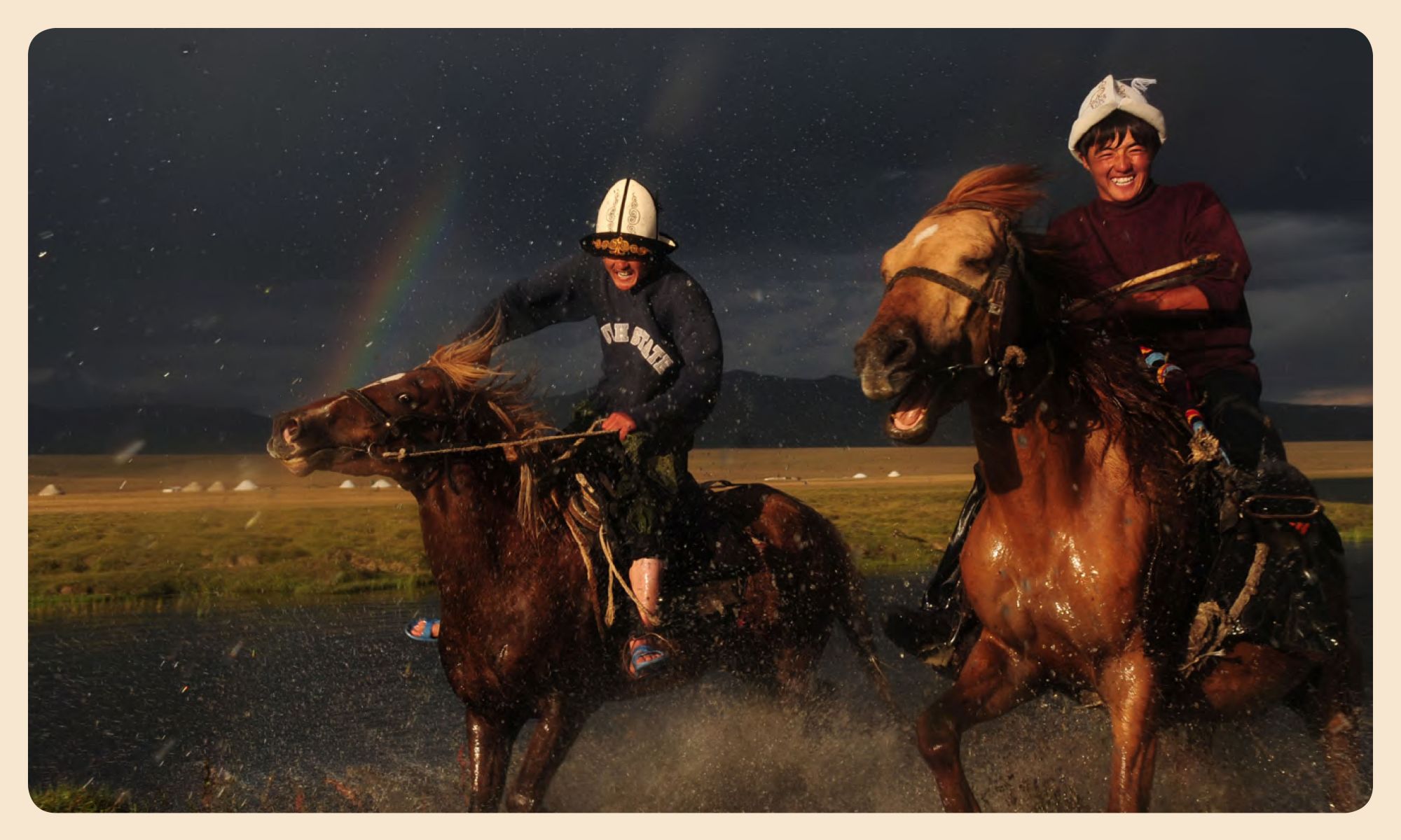 Pages 84-85: The joys of freedom; Galloping through the water under a rainbow