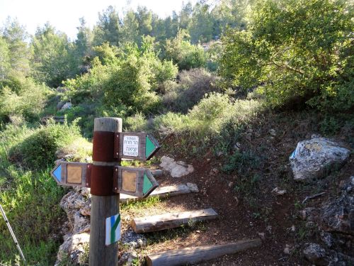 Jerusalem Trail: Signpost to Har Kheret and stairs leading up to Maoz Tzion