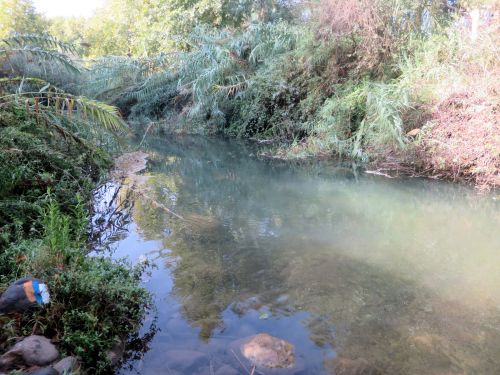 Israel National Trail - Section 01: The Dan Creek with INT sign on left bank